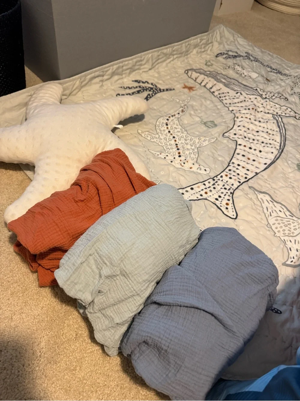 Crate&Barrel Whale & Sea Life Quilted Throw - Blue, White, Orange